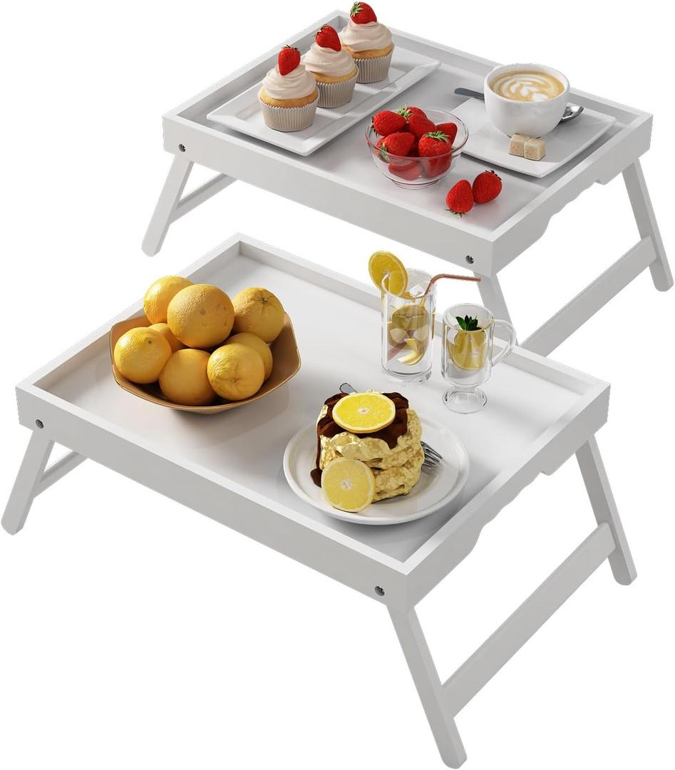 Bed Tray Table with Folding Legs,Bamboo Breakfast in Bed for Kitchen Serving Tray,Sofa,Eating,Used As Laptop Desk Snack Tray 2 Pack (White) (Medium)