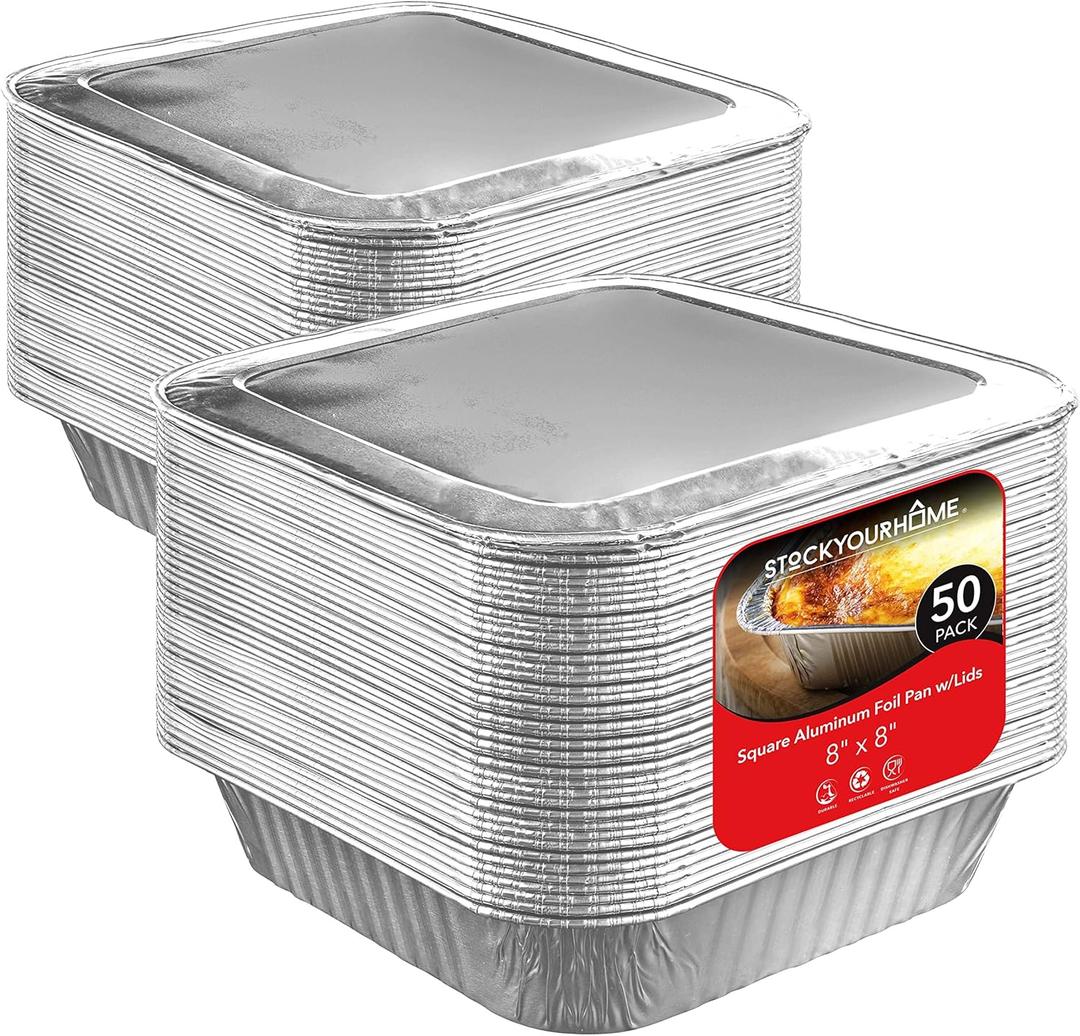 Stock Your Home 8 Square Foil Pans with Lids (50 Pack) - Foil Cake Pans with Covers - Aluminum Baking Pans - Disposable Cake Pans - 8 Inch Square Pans - Disposable & Recyclable Pans with Lids