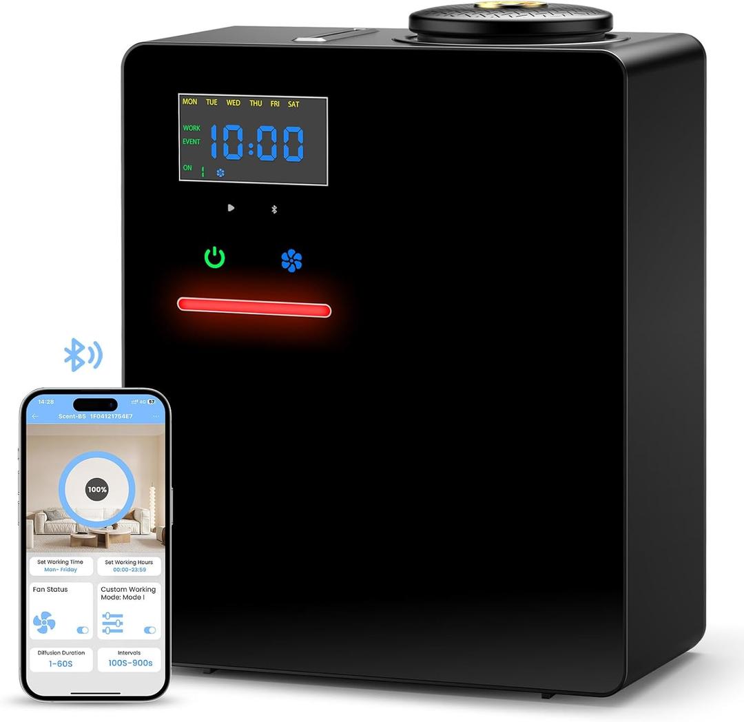 Waterless Essential Oil Diffuser 5000 Sq.Ft Coverage for Large Home, Hotel, or Office, 200ml Cold Air Scent Diffuser Machine with Bluetooth App Control, Quiet No-Heat HVAC Fragrance Diffuser (Black)