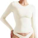 SUUKSESS Women Double Lined Fitted Basic T Shirts Crew Neck Long Sleeve Crop Top (X-Small, Pearl)