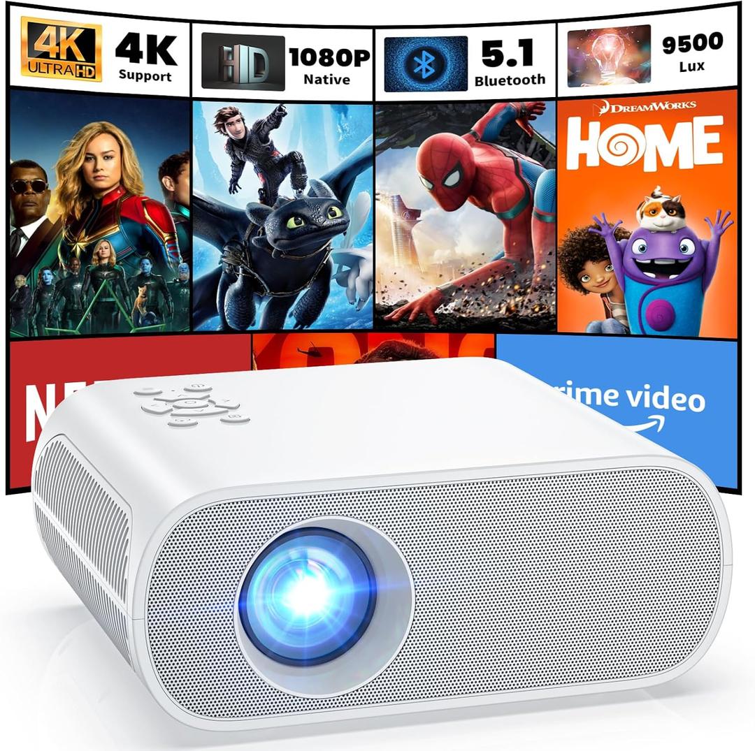 HOMPOW Projector, Native 1080P Full HD Bluetooth Projector with Speaker, 9500 Lumens Outdoor Portable Movie Mini Projector Compatible with Laptop, Smartphone, TV Stick, Xbox, PS5