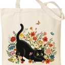 Nuberlic Canvas Tote Bag for Women with Zipper Inner Pocket- Reusable Grocery Shopping Cloth Cotton Canvas Tote Bags (Cat)