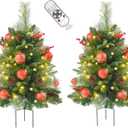 2 Pack Prelit Outdoor Christmas Tree 30 Inch, Remote Control Battery Operated with 100 Warm White Multi-Color Changing LED Lights, Small Pre-Decorated Green Xmas Tree for Pathway, Porch (Red)