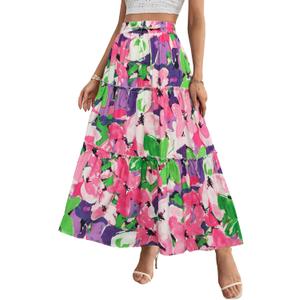 POPZONE Women Maxi Skirt Floral Boho Tiered Fall Summer Flowy Skirts Casual High Waist Long Skirts for Women (S)