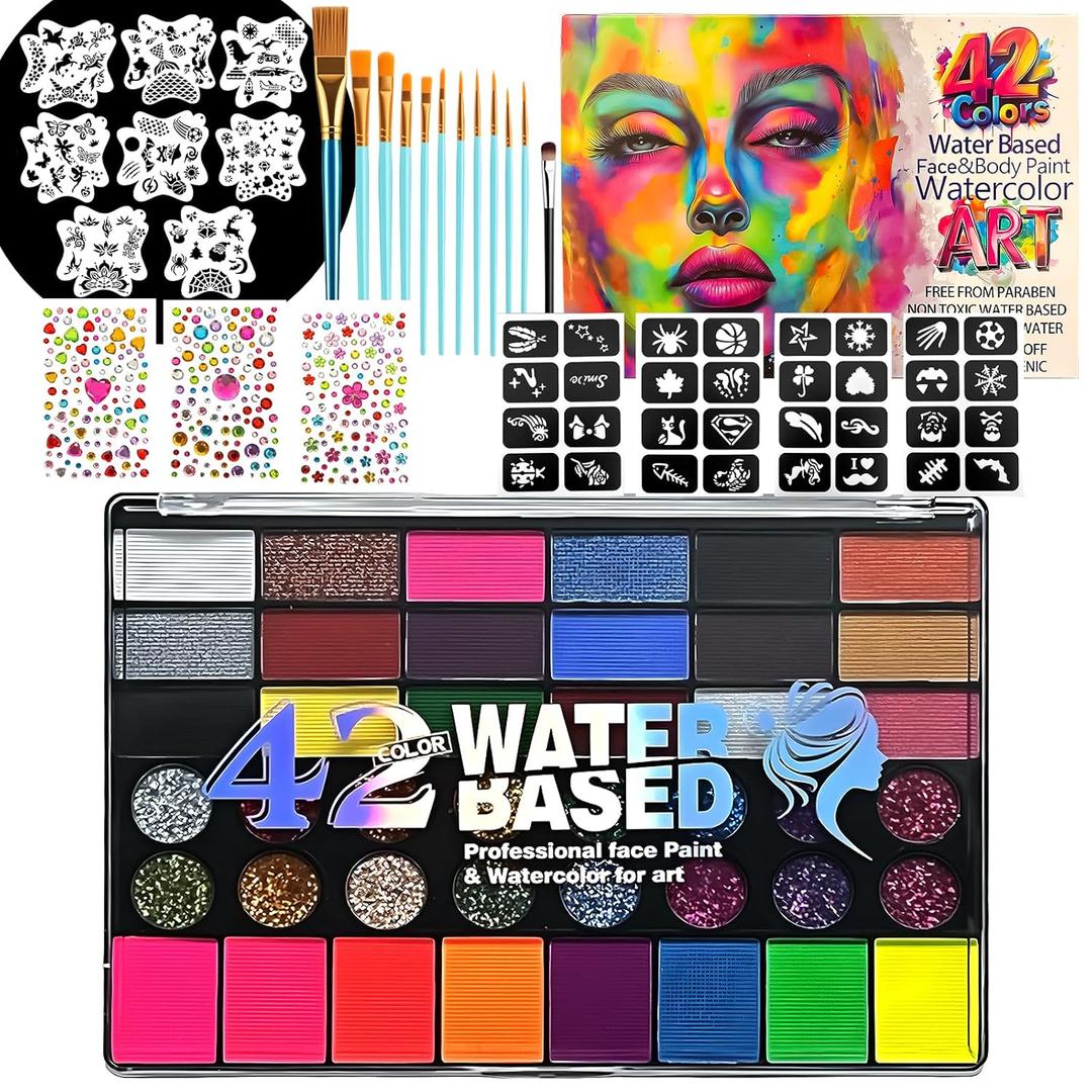 42 Color Face Paint Kit for Kids  Non-toxic Water-Based Makeup Palette with Stencils, Brushes & Gems  Face Painting Kit for Kids Ideal for Halloween, Parties, Festivals, Body Art & More