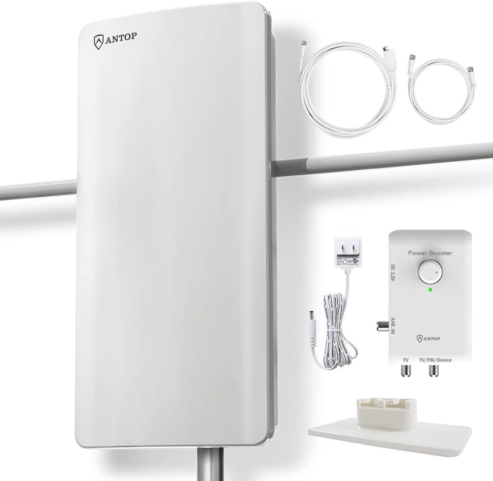 ANTOP HDTV  FM Amplified Antenna 85 Miles AT-800SBS with Dual Outputs Smart Boost System, Support TV and Second Device-FM Stereo, a Second TV or Any OTA-Ready Streaming Device or Projector