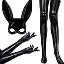 5 Pieces Halloween Women Costume Set Bunny Mask Elastic Shiny Wet Look Long Gloves Black Wet Thigh High Stockings Rabbit Ears Masquerade Cover for Cosplay Party