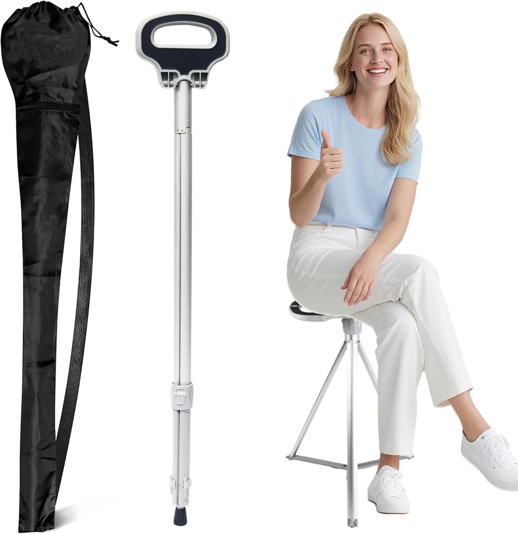 ALEVMOOM Walking Cane with Seat Folding Lightweight, 2-in-1 Cane Stool for Adults, Aluminum Walking Stick with Seat, Portable Stool for Senior, with Carry Bag , Silver 
