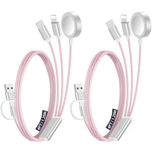 2Pack Multi Charging Cable Cord for Travel Essentials,Apple Watch Charger,iPhone Charger,[3-in-2] Type C/L Cable Portable Designed for iWatch,iPhone 17-8,Galaxy S26-21,AirPods,iPad-4FT Pink