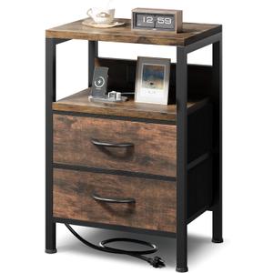 Lazzanto Night Stand Bedside Charging Table Bedroom - Brown Night Stand with Charger Station, Modern Bed Side End Table with Open Shelf & 2 Fabric Drawers, USB-C Port for Dorm, Living Room