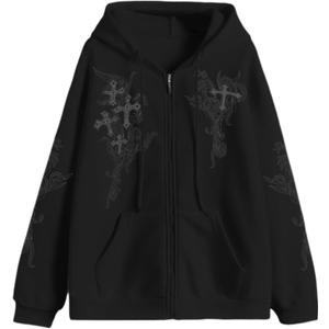 Zip Up Hoodies Y2k Jacket Graphic Gothic Jackets Grunge Cross Hoodie Baggy Streetwear Emo Sweater Aesthetic Clothes (Large, Black)