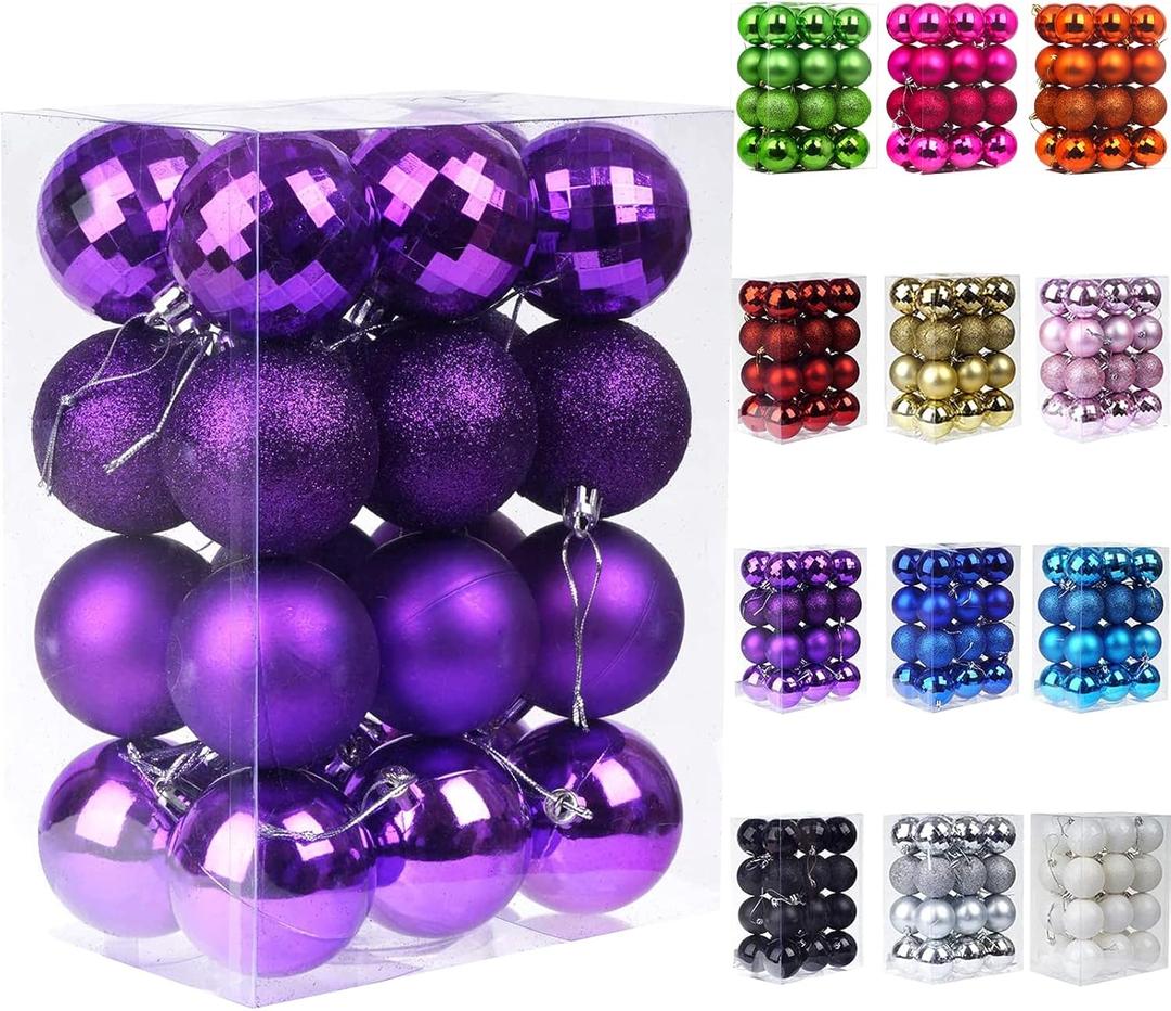 Emopeak 24Pcs Christmas Balls Ornaments for Xmas Christmas Tree - 4 Style Shatterproof Christmas Tree Decorations Hanging Ball for Holiday Wedding Party Decoration (Purple, 2.4"/6.2CM)