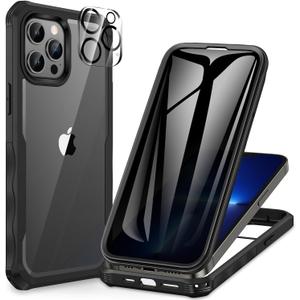 CENHUFO Privacy for iPhone 13 Pro Case, Full Body Phone Case with Built-in 9H Tempered Glass Privacy Screen Protector and Camera Lens Protector, Anti Peep Shockproof Bumper Clear Cover - Black