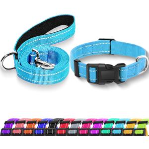 Reflective Dog Collar with Safety Locking Buckle, Adjustable Soft Breathable Nylon Collars for Dogs(Collar+Leash L Sky Blue) (Large (Width 1"))