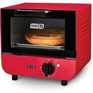 Dash Mini Toaster Oven - Sleek & Stylish - For Creative Homemade Treats - Compact, Space-Saving Design - adjustable temperature dial - Removable Baking Tray - Red