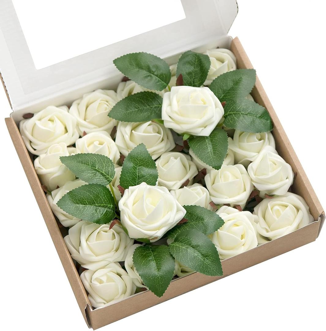 Ling's moment Artificial Wedding Flowers 1.5" Rose Buds and 2" Petite Roses 25pcs Ivory w/Stem for DIY Wedding Boutonniere Wrist Corsages Bouquets Centerpieces Arrangements