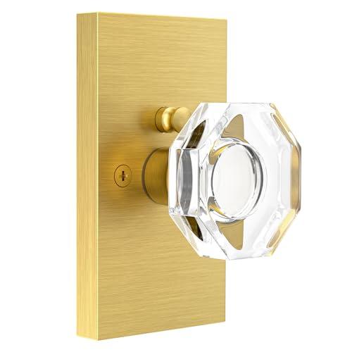 SHINY HANDLES Glass Door Knobs Interior, Privacy Crystal Door Lock Set, Satin Brass Gold Door Knob for Bedroom and Bathroom, Modern Octagonal