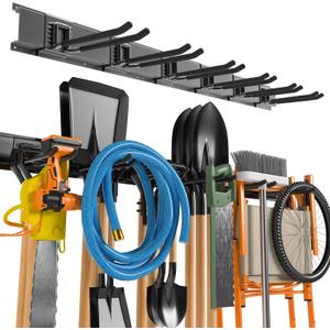Garage Tool Organizer Wall Mount, 49.5 Inch Garage Organization and Storage Heavy Duty with 3 Packs Rails and 6 Adjustable Hooks, Garden Yard Tool Hanger Rack for Shovel, Max Load 600lbs