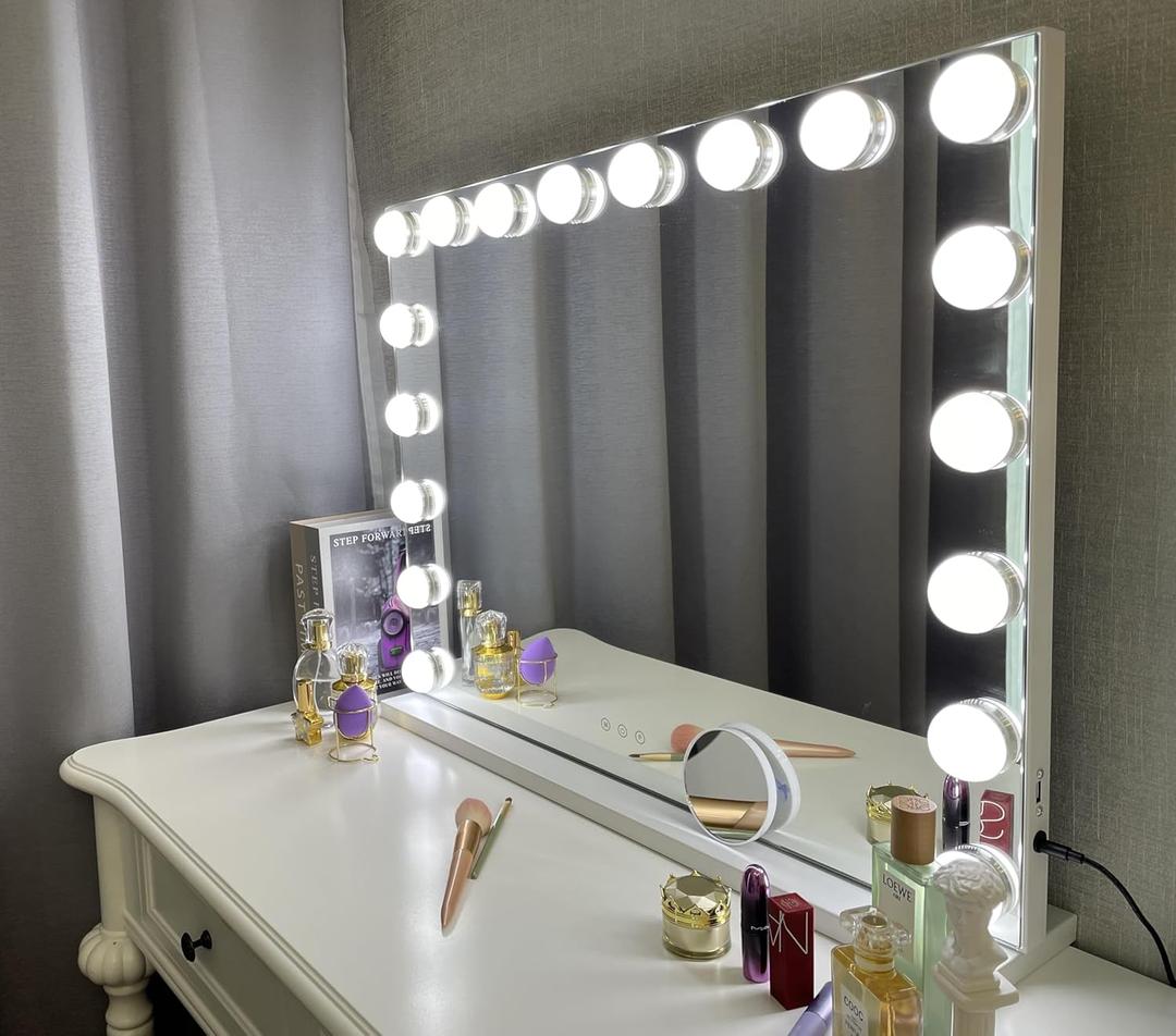 Kottova Vanity Mirror with Lights, Lighted Makeup Mirror with 18 Dimmable LED Bulbs, Hollywood Mirror, 3 Color Lightings, USB Charging Port Touch Control, Metal Frame27.5" x 21.6"