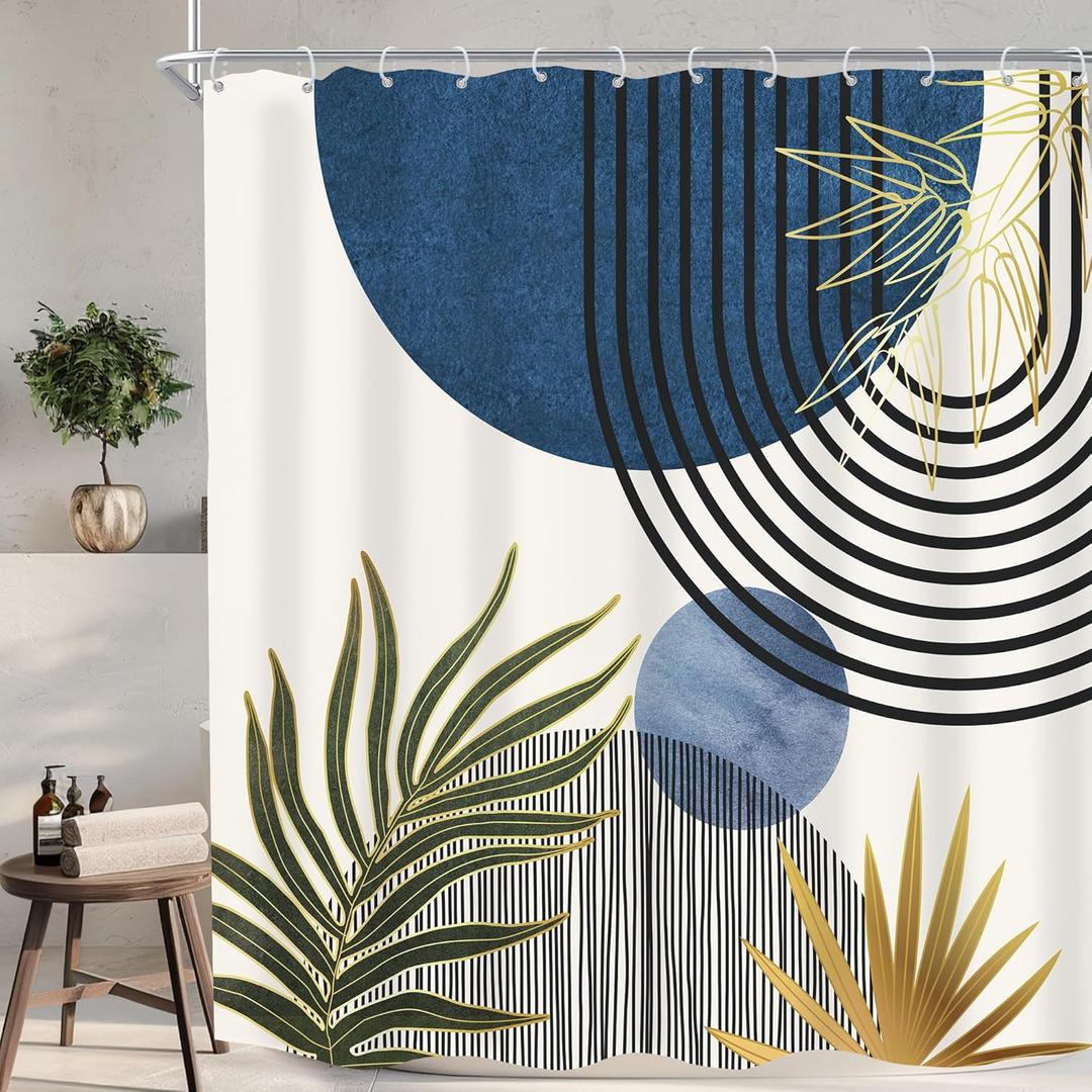 KOMLLEX Mid Century Blue Green Boho Shower Curtain 72Wx72L Inches Abstract Modern Shower Curtains for Bathroom Decor Plant Botanical Minimalist Arch Sun Fabric Liner Waterproof Polyester 12 Pack Hooks