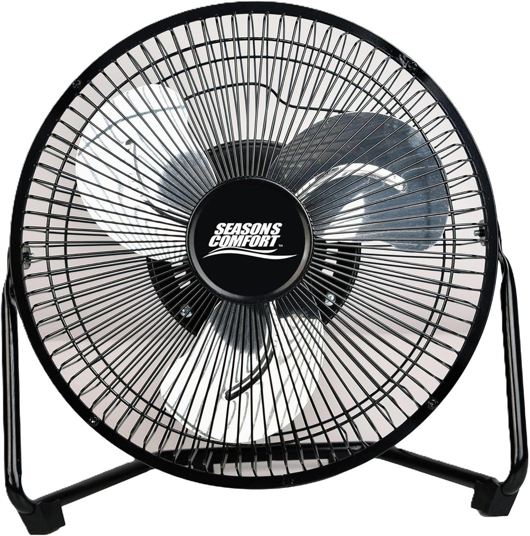 Seasons Comfort 9 Inch High Velocity Fan, Black, 3 Speeds, 360 Degree Tilt, Carry Handle, 30 W - Heavy Duty Metal Industrial Floor Fan for Home, Office & Worksite