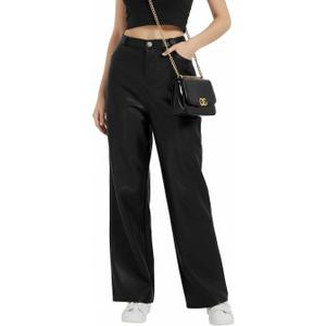Women's Black Leather Pants - High Waist Faux Leather Straight Leg Bell Bottom Flare Pants (Black, S)