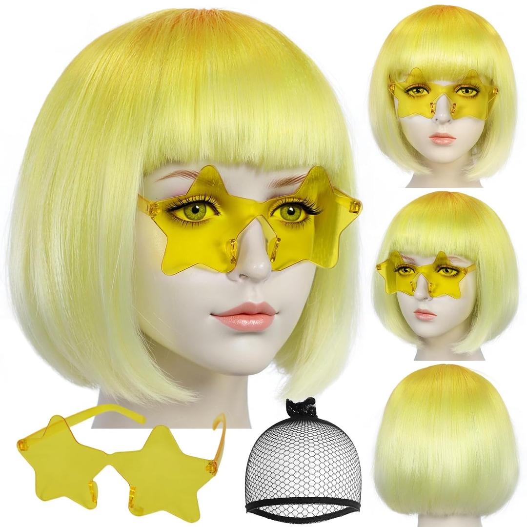 ANOGOL Hair Cap + (Sunglasses) Yellow Gradient Bob Wig with Bangs Womens Party Wigs with Star-Shaped Glasses Short Neon Wig Daily Party Fun Wigs Women Halloween Costume Bachelorette Hair