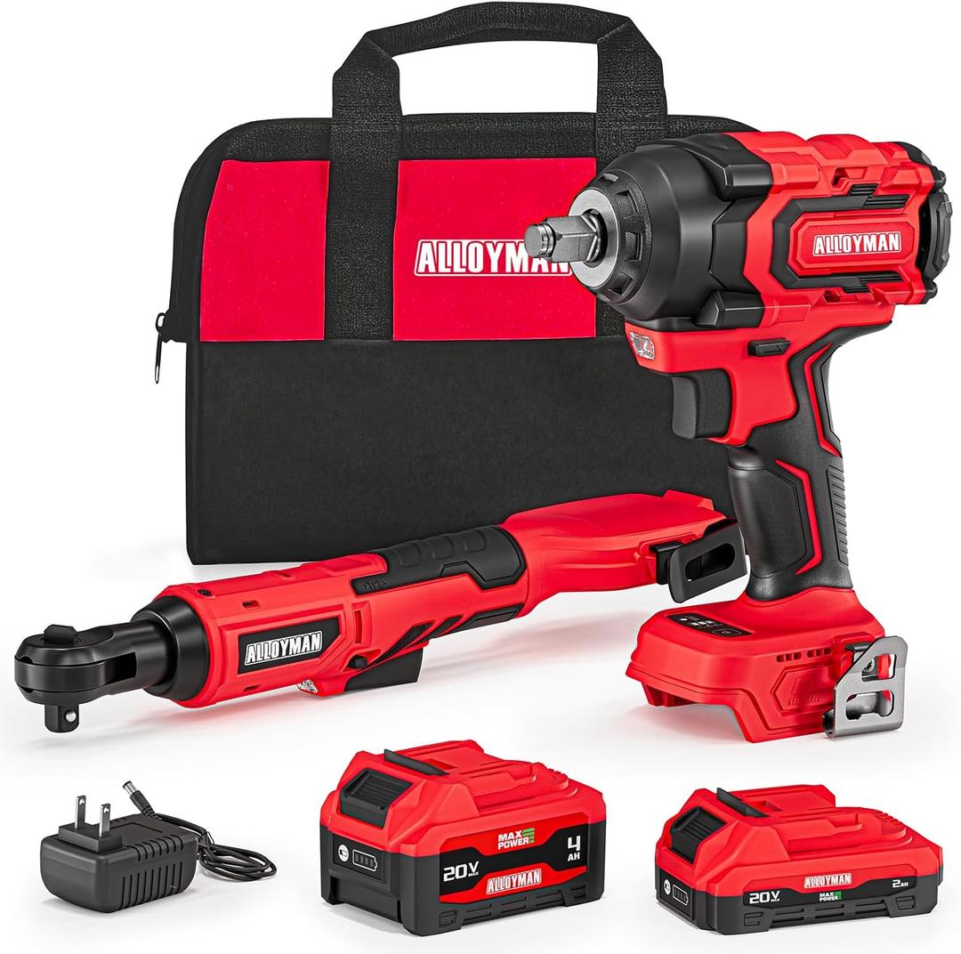 Alloyman 20v 3/8'' Cordless Ratchet Wrench 44 ft-lbs (60 Nm) and 1/2'' Brushless Impact Wrench 516 ft-lbs(700 Nm) Combo Set, with Variable Speed, LED Light, 4.0Ah &2.0Ah Battery, Charger