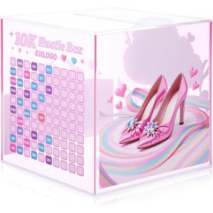 Hiboom 10k Hustle Box Money Saving Challenge 6.7 x 6.7 x 6.7 Inch Clear Acrylic Piggy Bank for Adults Woman Break to Open Pink Cash Vault Piggy Bank for Money Savings Cash and Coin Storage Box