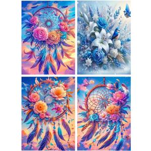 4 Pack Diamond Painting Kits for Adults ,Blue Birds Flower Diamond Art Kits for Beginners, DIY Full Drill Diamond Painting Floral Diamond dot Gem Art Beautiful picture Home Wall Decor 16 x 12 inches