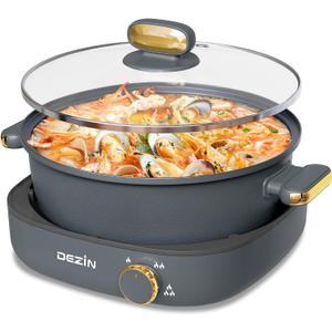 Dezin Electric Shabu Shabu Pot with Removable Pot, 4L Non-Stick Hot Pot Electric with Dual-Power Control, Electric Pot with Tempered Glass Lid for Party, Family and Friend Gathering