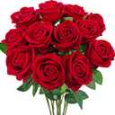 12 Pcs Velvet Rose Artificial Flowers with Long Stems, Real Touch Fake Roses Florals for Valentine's DIY Wedding Bouquet Party Table Centerpiece Home Arrangement Decorations (Red)