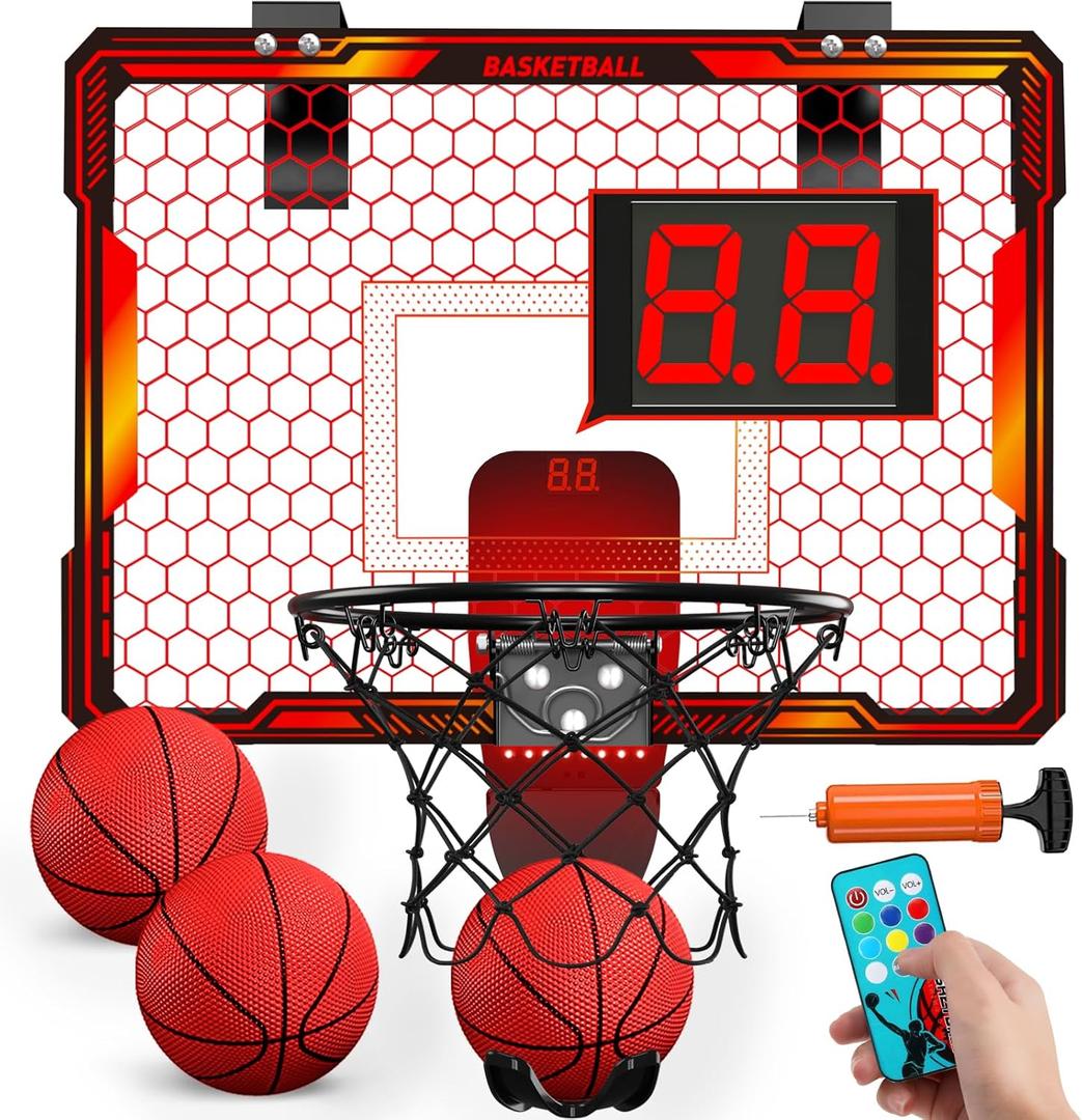 HYES Basketball Hoop Indoor, Mini Basket Ball Hoop with 7 LED Lighting, Scoreboard, Over Door Basketball Hoop with 3 Modes, Volume Adjustable, Foldable, Basketball Toys Gifts for Kids Adults (red- with remote controller)