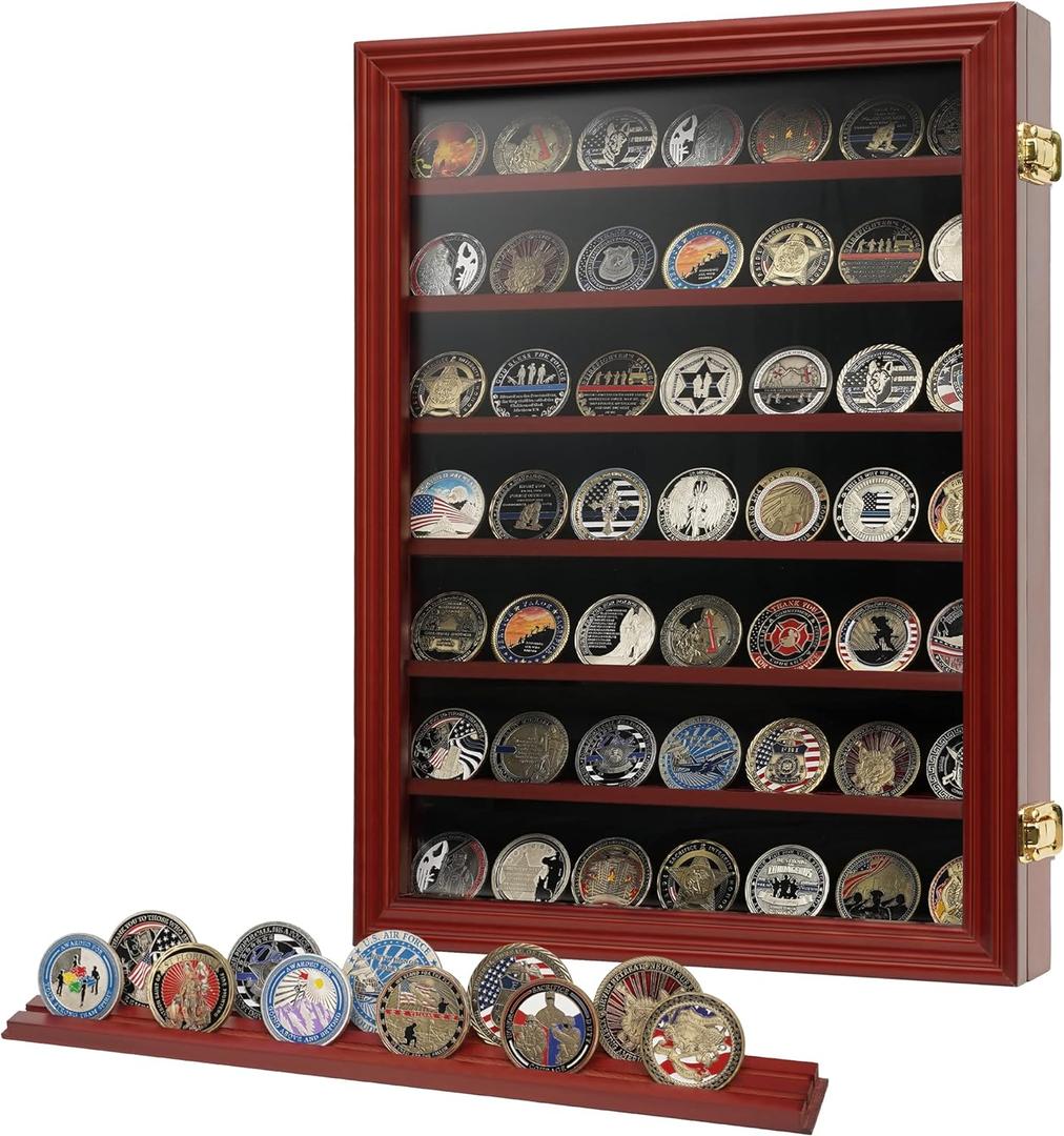 7 Rows Challenge Coin Holder Display Case with HD Tempered Glass Holds 100 coins, Wall-Mountable Military Shadow Box Cabinet with Removable 2-Groove Shelves for Medals and Casino Poker Chips, Mahogany