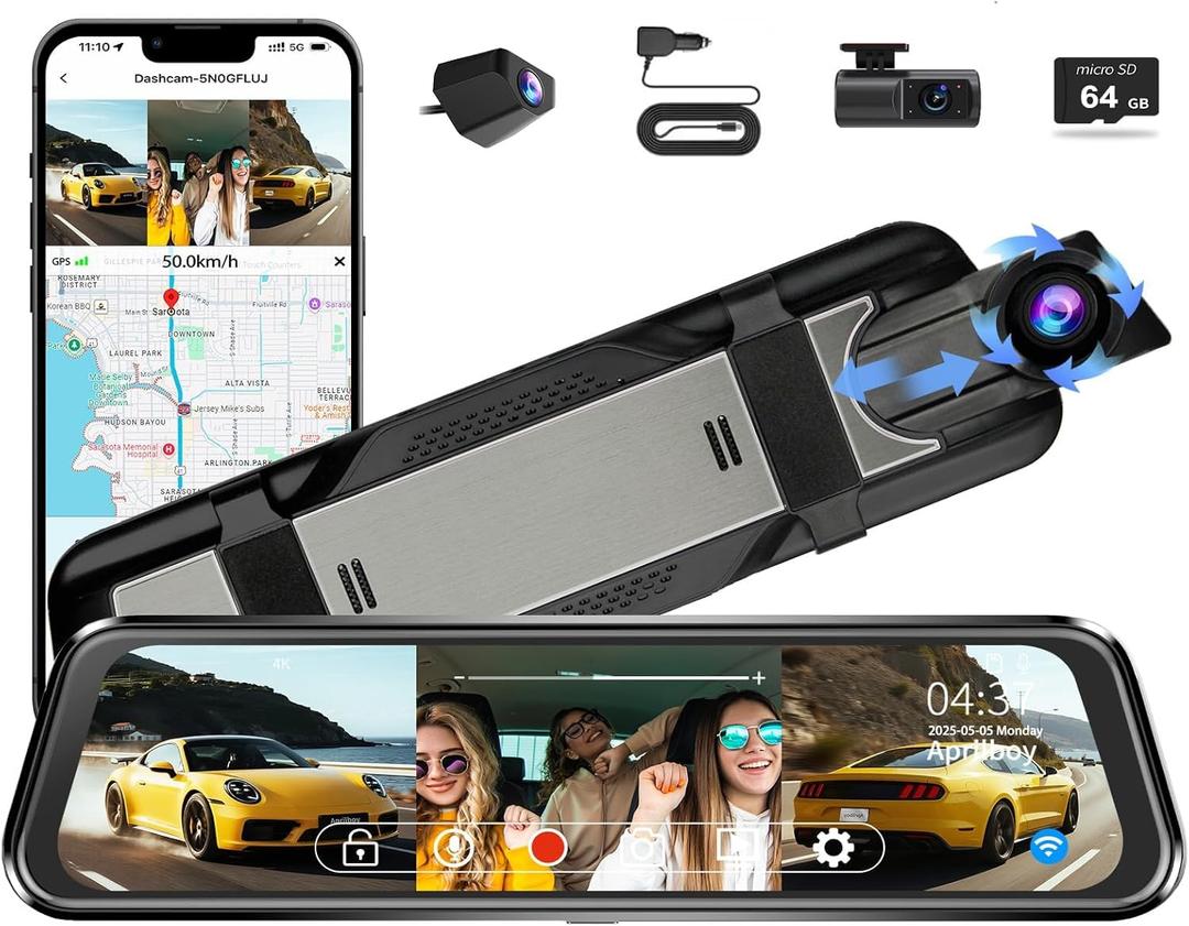 Aprilboy 3 Channel Mirror Dash Camera for Cars, 10" Triple Rear View Mirror with Front 4K/3K, Inside and Rear 1080P with WiFi, G-Sensor, Night Vision, Reverse Assist, Parking Monitoring