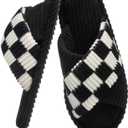 Slippers for Women Memory Foam House Bedroom Corduroy Crossbands Open Toe Slides Sandals Shoes Comfy Trendy Gift for womens Anti-Skid sole (9-10, Checkered Black)