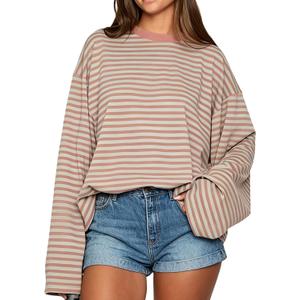 KOSUSANILL Women Oversized Striped Long Sleeve Shirt Crewneck Cropped Tops Drop Shoulder Y2K Preppy Sweatshirt Fall Clothes (Large, Pink)