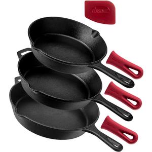 Cuisinel Cast Iron Skillet Set - 8" + 10" + 12"-Inch Pre-Seasoned Frying Pans + Silicone Handle Grip Covers - Use Indoor/Outdoor, Oven, Grill, Stove, BBQ, Fire, Induction - Kitchen/Camping Cookware