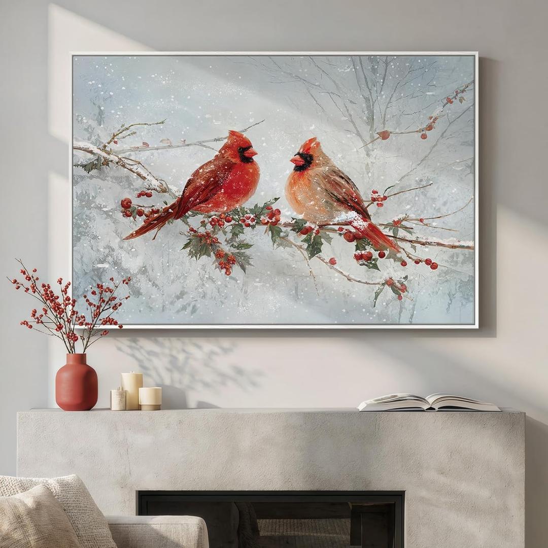 Framed Modern Red Bird Landscape Wall Art, Large Nature Animal Canvas Prints Paintings Artwork for Walls, Cardinal Farmhouse Pictures for Living Room Bedroom Dining Room Hallway Wall Decor 24x36 In