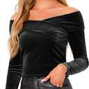 Allegra K Velvet Top for Women's Cocktail Slim Fit Long Sleeve Off-Shoulder Blouse Large Black