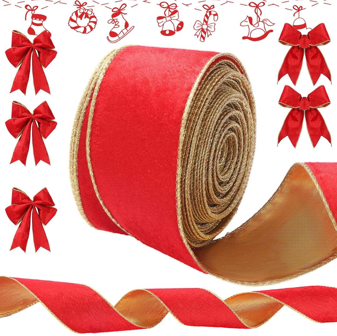 Syhood Christmas Wired Velvet Ribbon with Gold Edge Waterproof Velvet Decoration Ribbon Wrapping for Xmas Wreath Bows Floral Craft Ornaments(2.5 Inch X 20 Yard,Red/Gold)