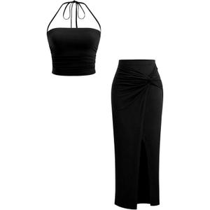 Verdusa Women's 2 Piece Vacation Outfits Ruched Crop Halter Top with Asymmetrical Slit Long Skirt Going Out Sets L