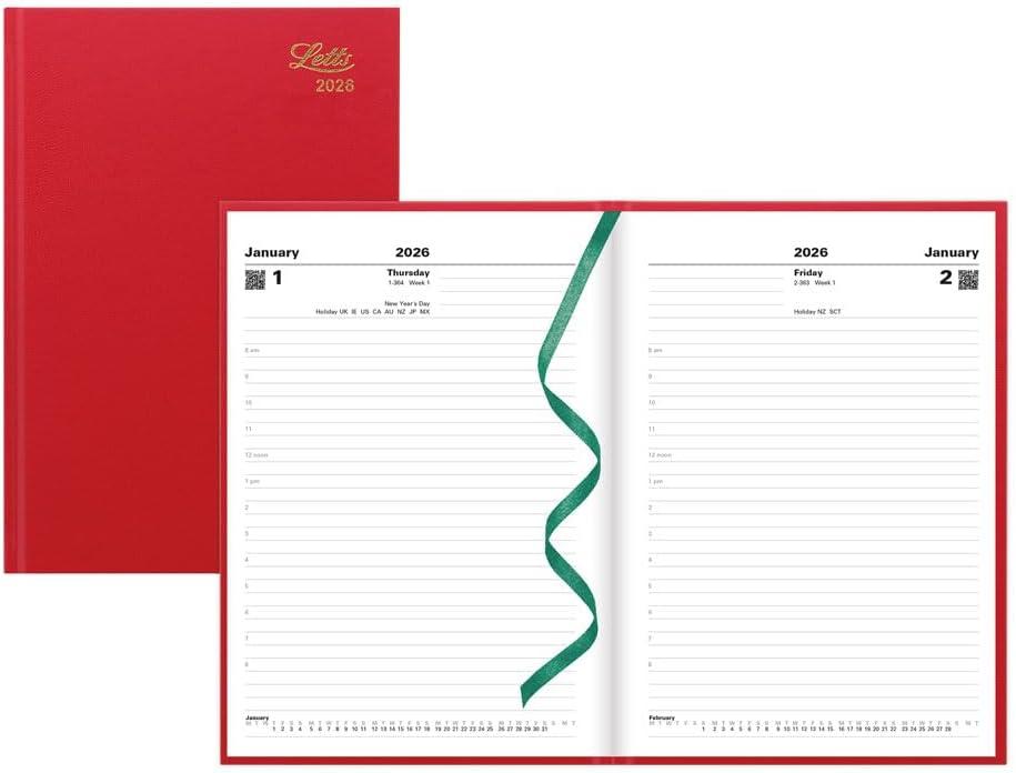 Letts of London 2026 Standard Daily Planner, 12 Months, January to December, Day-Per-Page, A5 Size, 8.25" x 5.875", Perfect Binding, Leather-Look Cover, English, Burgundy (C10XBY-26)