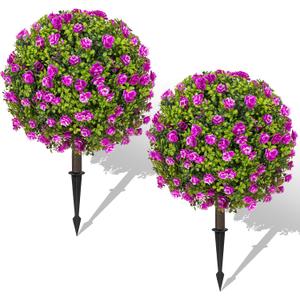 25" Artificial Boxwood Topiary Ball Trees with Purple RoseFlowers, Set of 2 UV Resistant No Fade Outdoor Faux Plants with Ground Spike, Fake Shrubs for Garden, Patio, Porch, Yard, Indoor