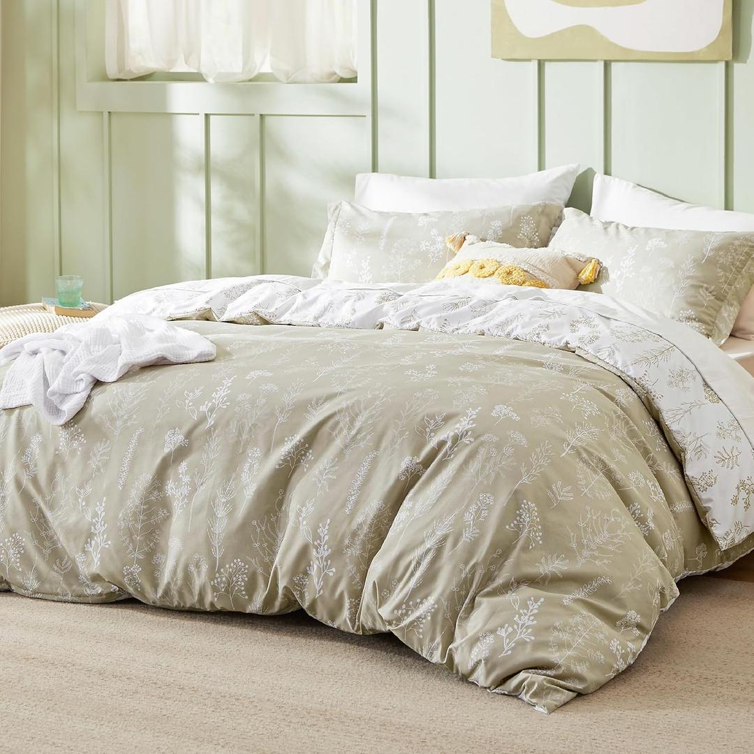 Bedsure Queen Comforter Set - Linen Bed Set, 3 Pieces Cute Floral Bedding, 1 Soft Reversible Botanical Flowers Comforter and 2 Pillow Shams