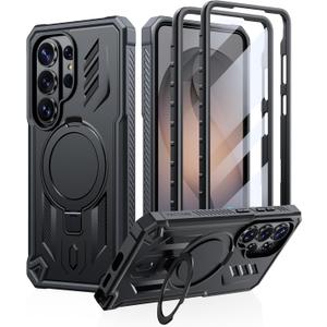 FNTCASE for Samsung Galaxy S26-Ultra Case: Magnetic Phone Cases with [Ring Kickstand] [2 Front Frames] [Built-in Screen Protector] [Heavy Duty Military Grade Protection] Drop Proof TPU Cover Black