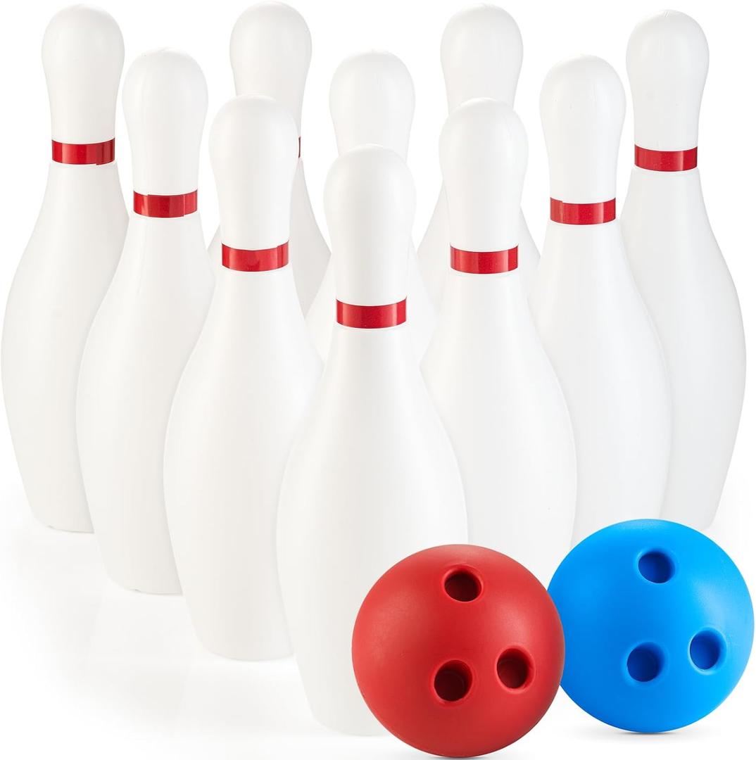 Kids Bowling Set - 10 White Plastic Pins & 2 Lightweight Bowling Balls - Family Fun Indoor & Outdoor Toddler Bowling Set Game for Boys & Girls, Educational & Active Play Toy, Birthday Gift Ages 3+