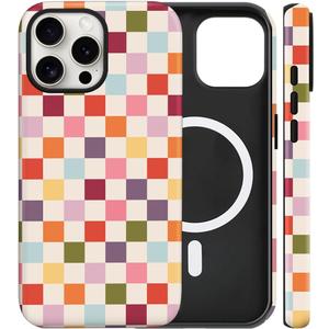 Magnetic for iPhone 14 Pro Max Case Cute Checkered Phone Case, Shockproof Slim TPU and Hard PC Protective Phone Cover Compatible with MagSafe Designed for Women Girls Gift, Colorful