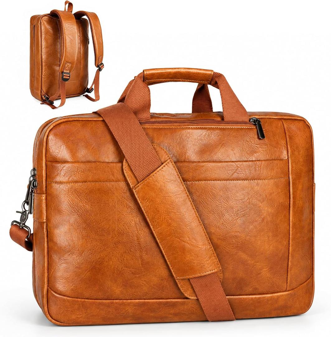 Faux Leather Messenger Bag for Men | 17-17.3 Inch Leather Mens Laptop Bag Leather Briefcasen Convertible Backpack 3 in 1 Computer Handbags Work Bag Shoulder Crossbody Bag Office | Vintage Brown