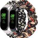 2 Packs Compatible with Amazfit Band 5/ Mi Band 5/ Mi Band 6 Bands for Women Girl, Scrunchies Cloth Soft Pattern Printed Fabric Wristband Bracelet Elastic Straps for Amazfit Band 5 Fitness Tracker
